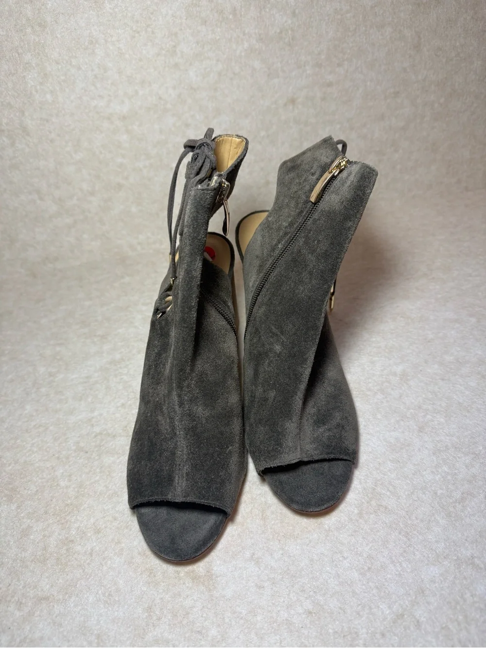 VANELi Better Gray Leather Suede Peep Toe Ankle Booties Block Heel Size 9M
