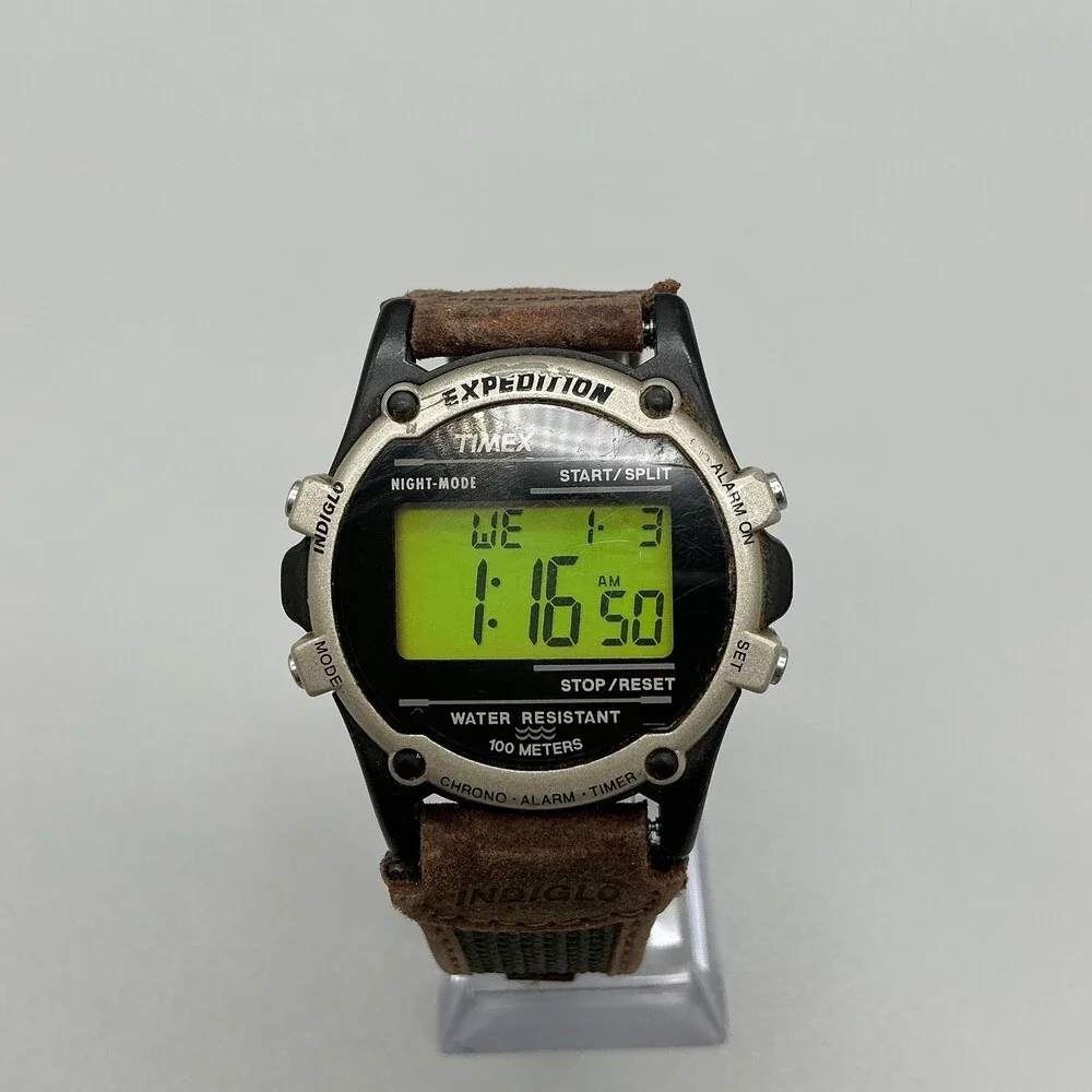 Vintage Timex Expedition Mens Watch 40mm Green Digital Indiglo 100M New Battery