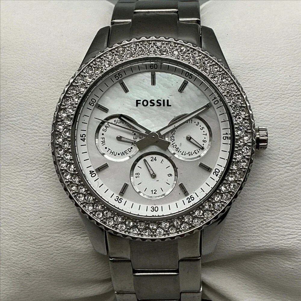 Fossil PR5414 Womens Watch 38mm MOP Dial Silver Tone Crystals New Battery 7.25