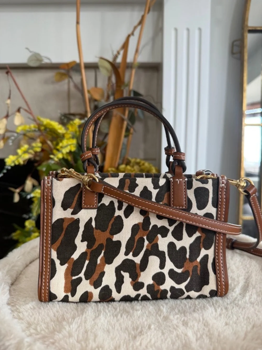 Tory Burch Leopard Print Leather-Trim Crossbody in Brown and Cream