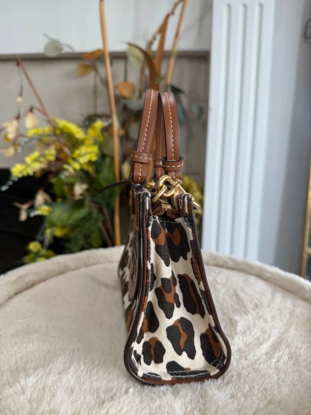 Tory Burch Leopard Print Leather-Trim Crossbody in Brown and Cream