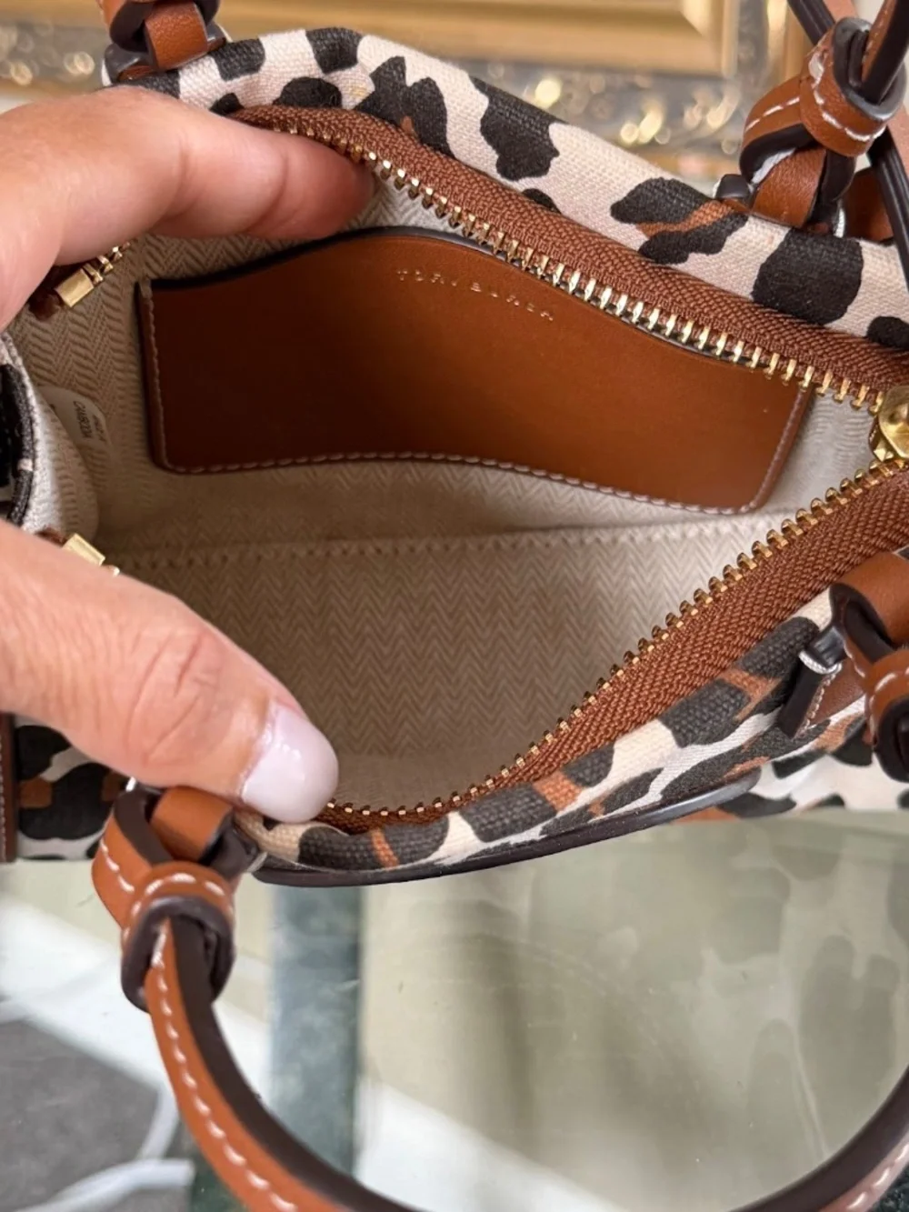 Tory Burch Leopard Print Leather-Trim Crossbody in Brown and Cream