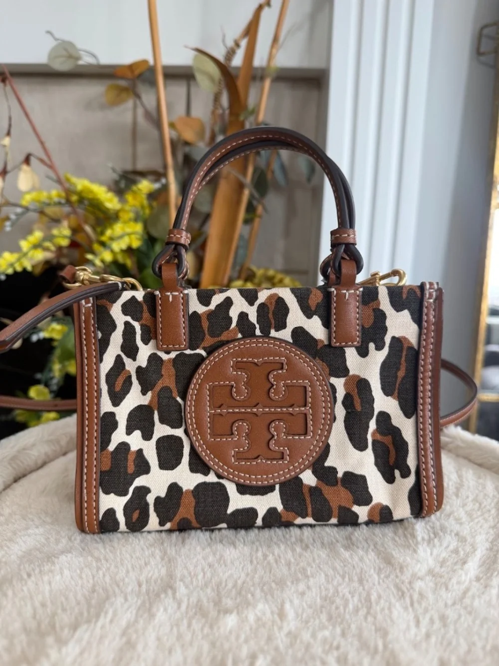 Tory Burch Leopard Print Leather-Trim Crossbody in Brown and Cream