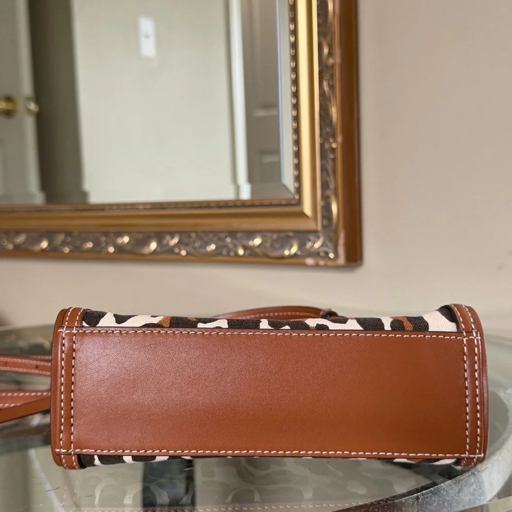 Tory Burch Leopard Print Leather-Trim Crossbody in Brown and Cream