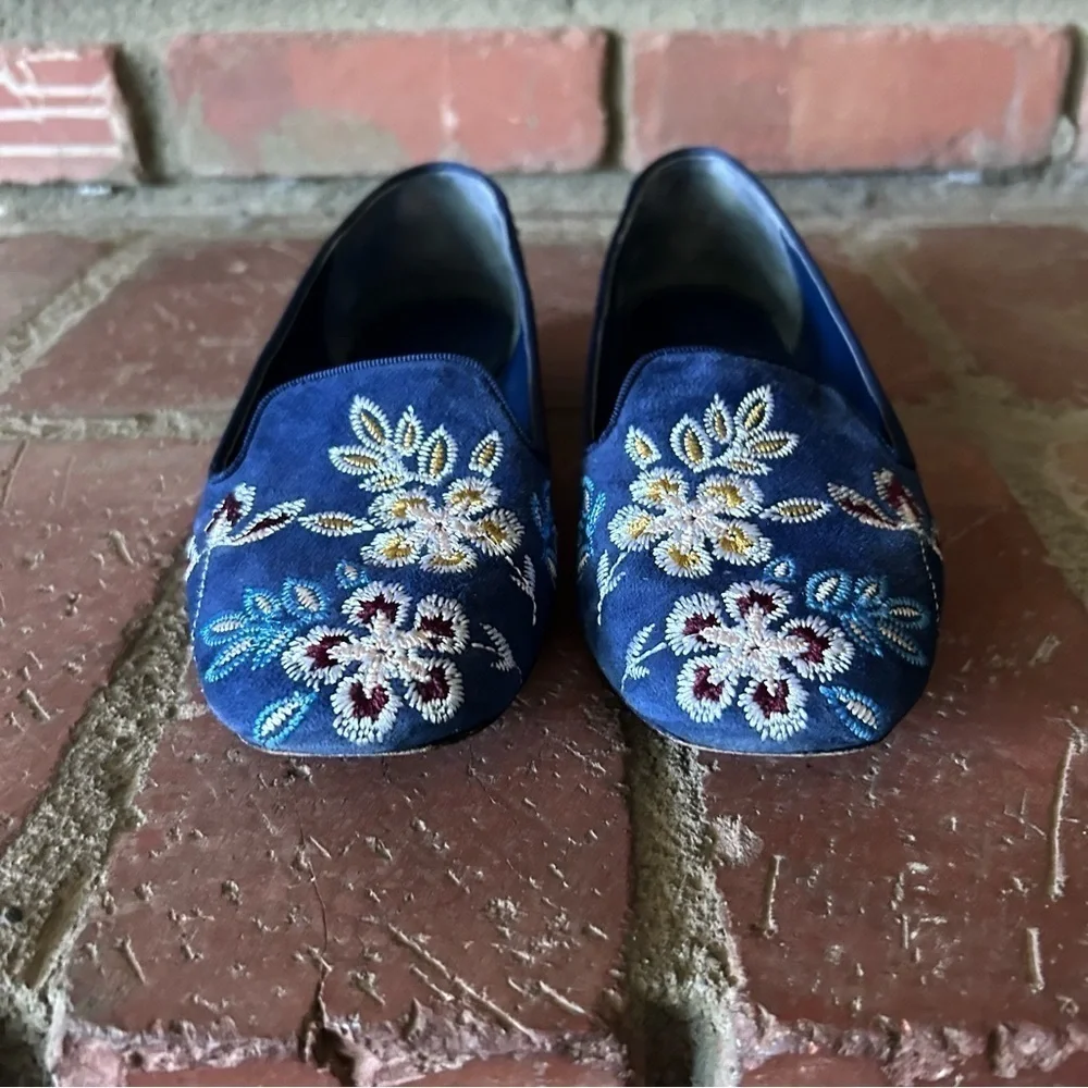 Tory Burch Embroidered Floral Suede Smoking Slippers in Navy Blue Sz 5