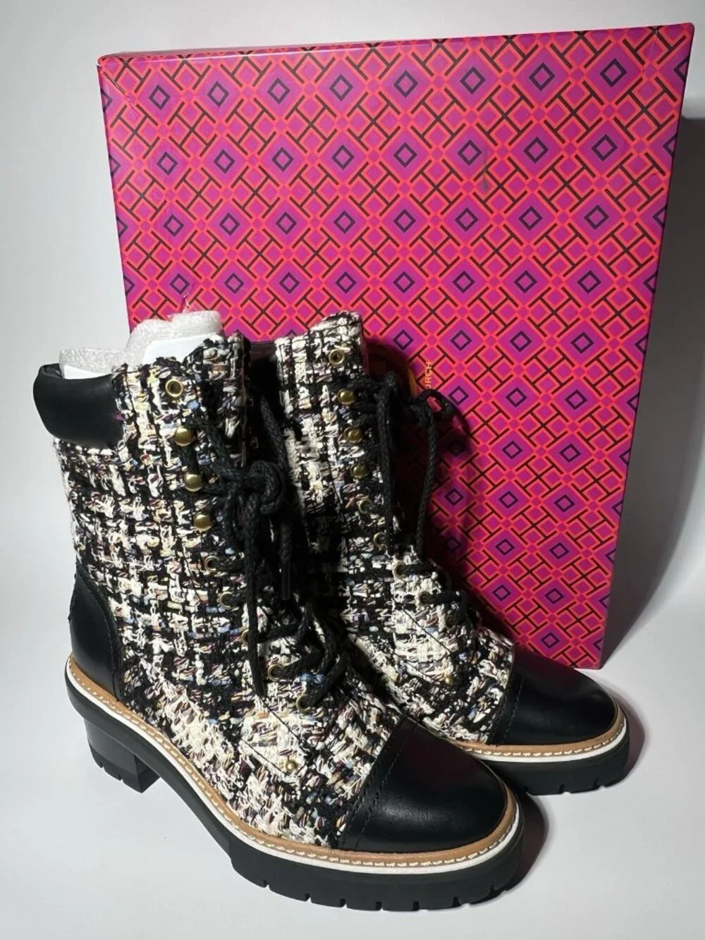 Tory Burch Tweed Leather Lace-Up Ankle Boots Women’s 7.5 New in Box