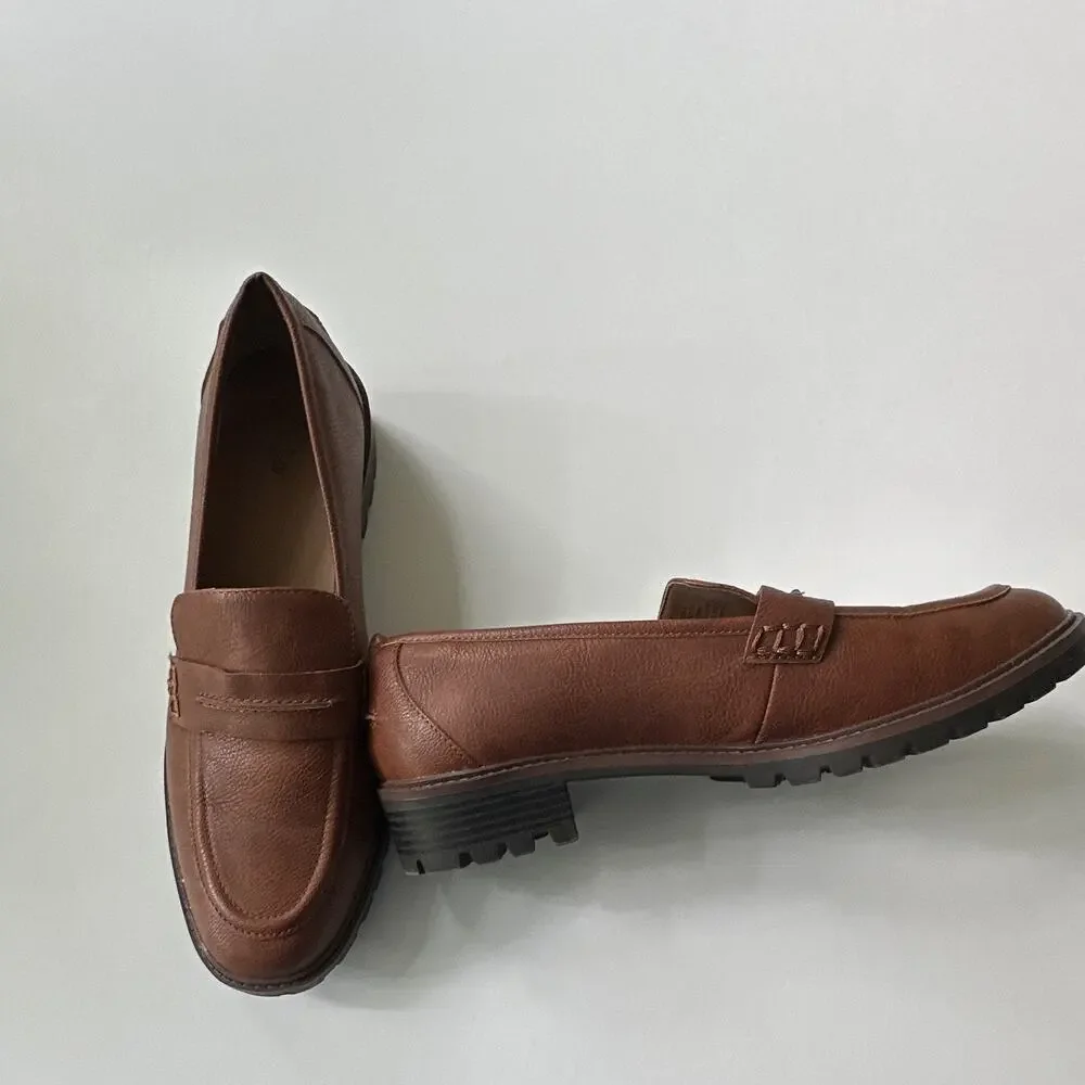 Style & Co Womens Wandaa Dress Loafers 11 M Brown Slip-On Toe Strap Accent EUC