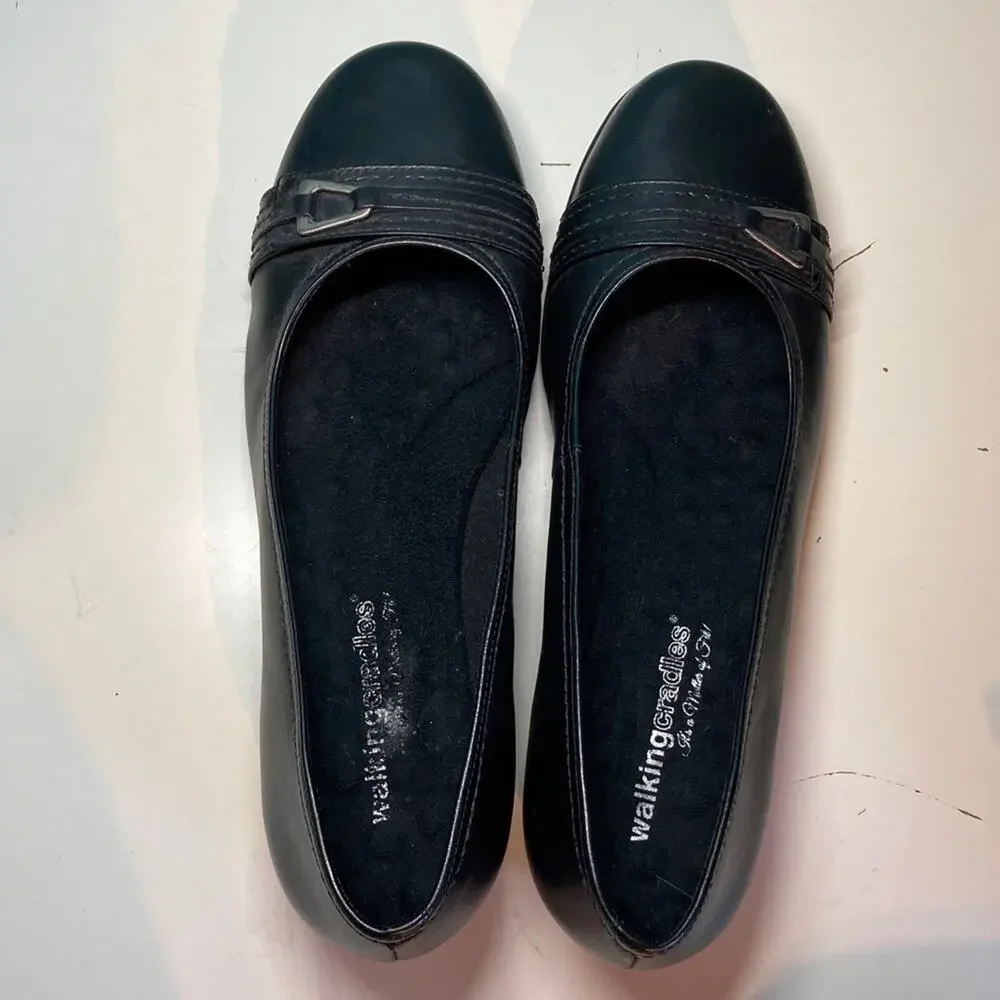 Walking Cradles 10 Black Leather Flats Comfort Square Toe Slip On Low Heel