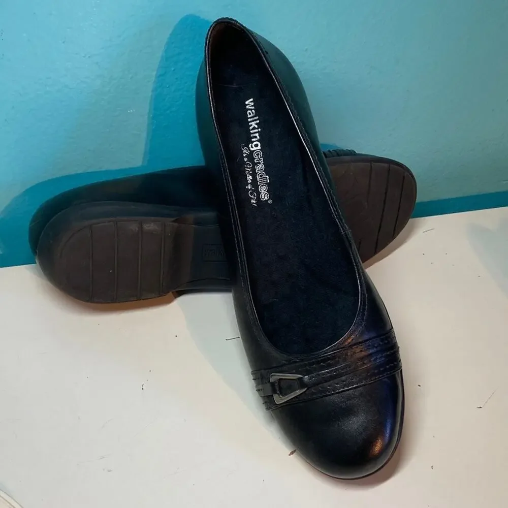 Walking Cradles 10 Black Leather Flats Comfort Square Toe Slip On Low Heel