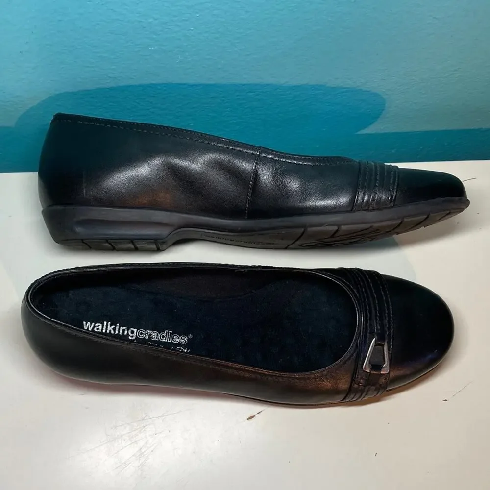 Walking Cradles 10 Black Leather Flats Comfort Square Toe Slip On Low Heel