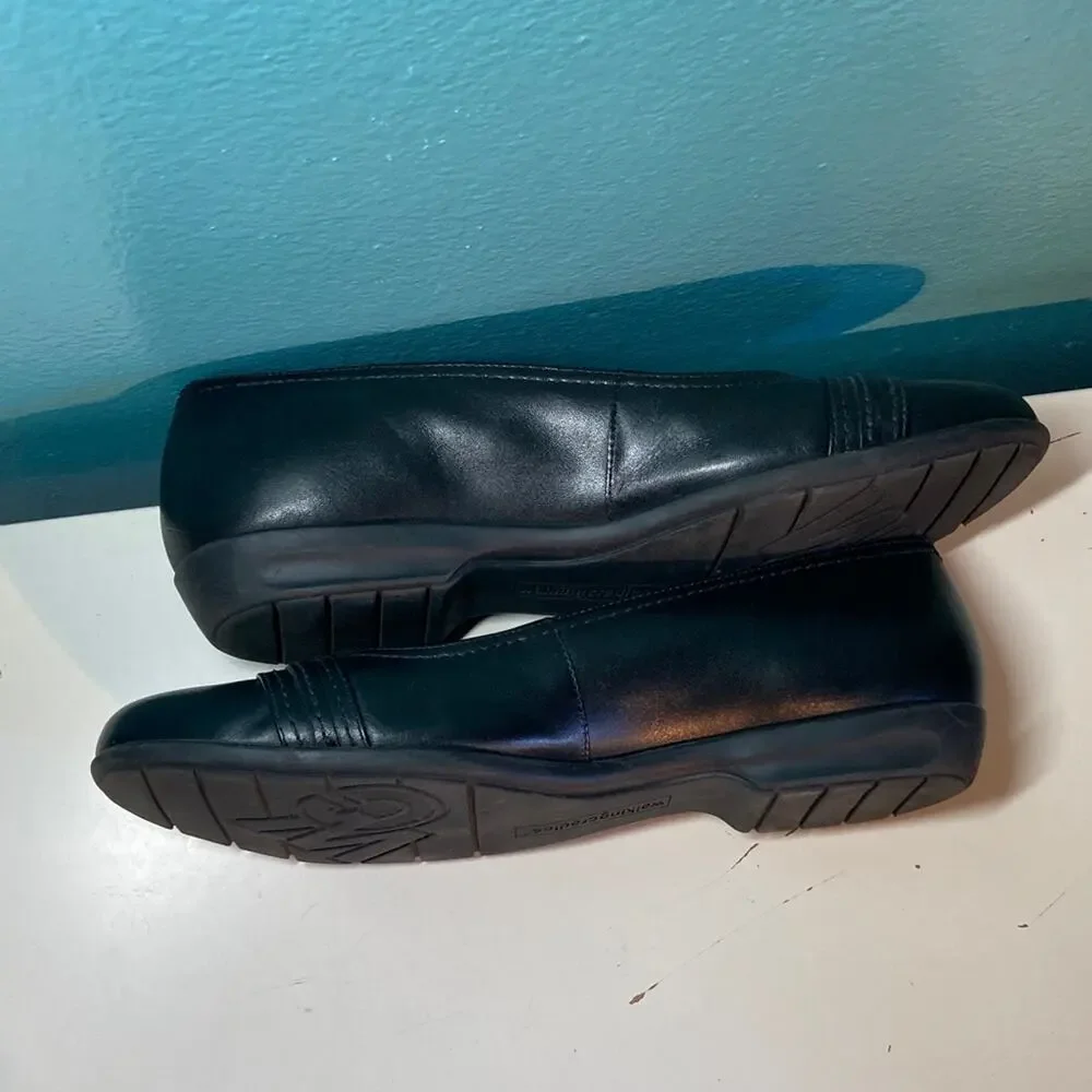 Walking Cradles 10 Black Leather Flats Comfort Square Toe Slip On Low Heel