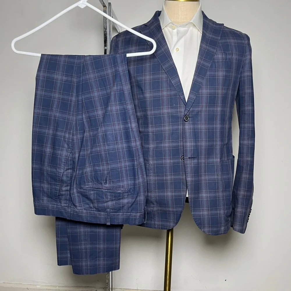 Uniqlo Suit‎ Mens Medium 40R 33W Blue Plaid Cotton 2-Button Notch Lapel