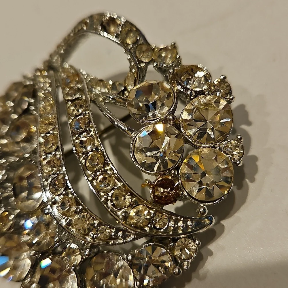 Clear & 1 Purple Rhinestone Silvertone Brooch