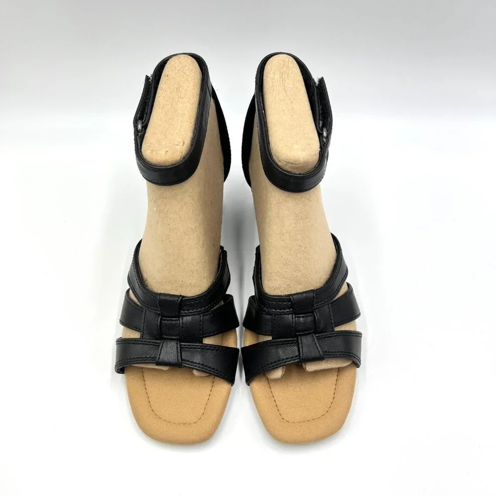 Clarks Womens Size 7 7M‎ Kyarra Joy Black Leather Wedges Sandals Shoes