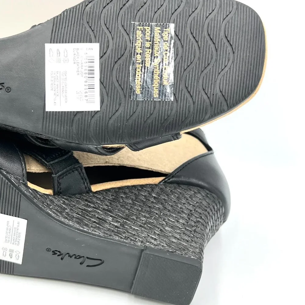 Clarks Womens Size 7 7M‎ Kyarra Joy Black Leather Wedges Sandals Shoes