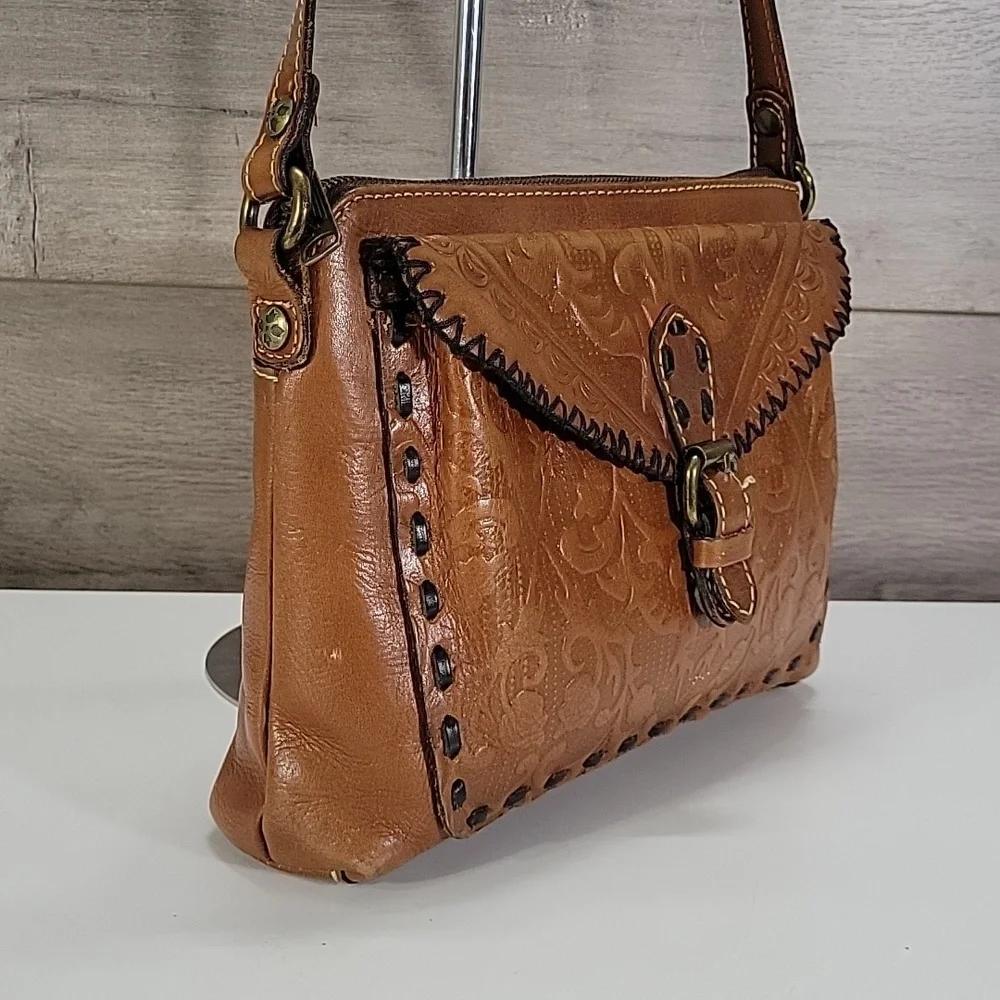Patricia Nash Tooled Brown Leather Crossbody Bag