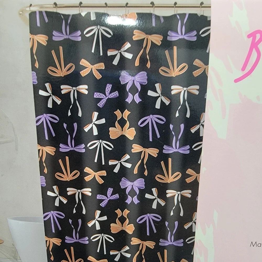 NEW Betsey Johnson Fabric SHOWER CURTAIN Wit HOOKS 72x72 Black Colorful Bows AOP