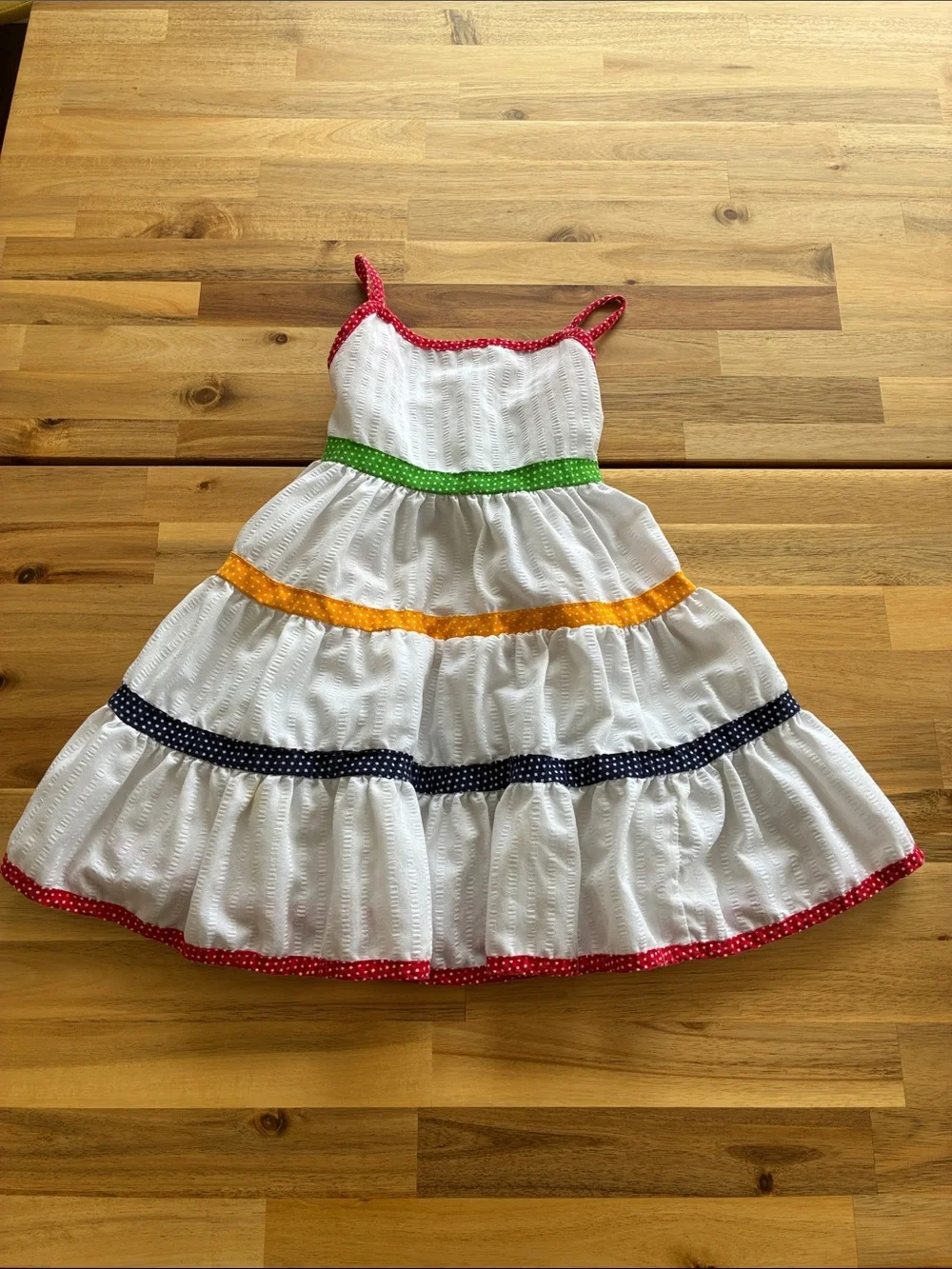 Vintage 70s/80s Union Tag Youngland White Rainbow Polka Dot Tiered Sundress 5