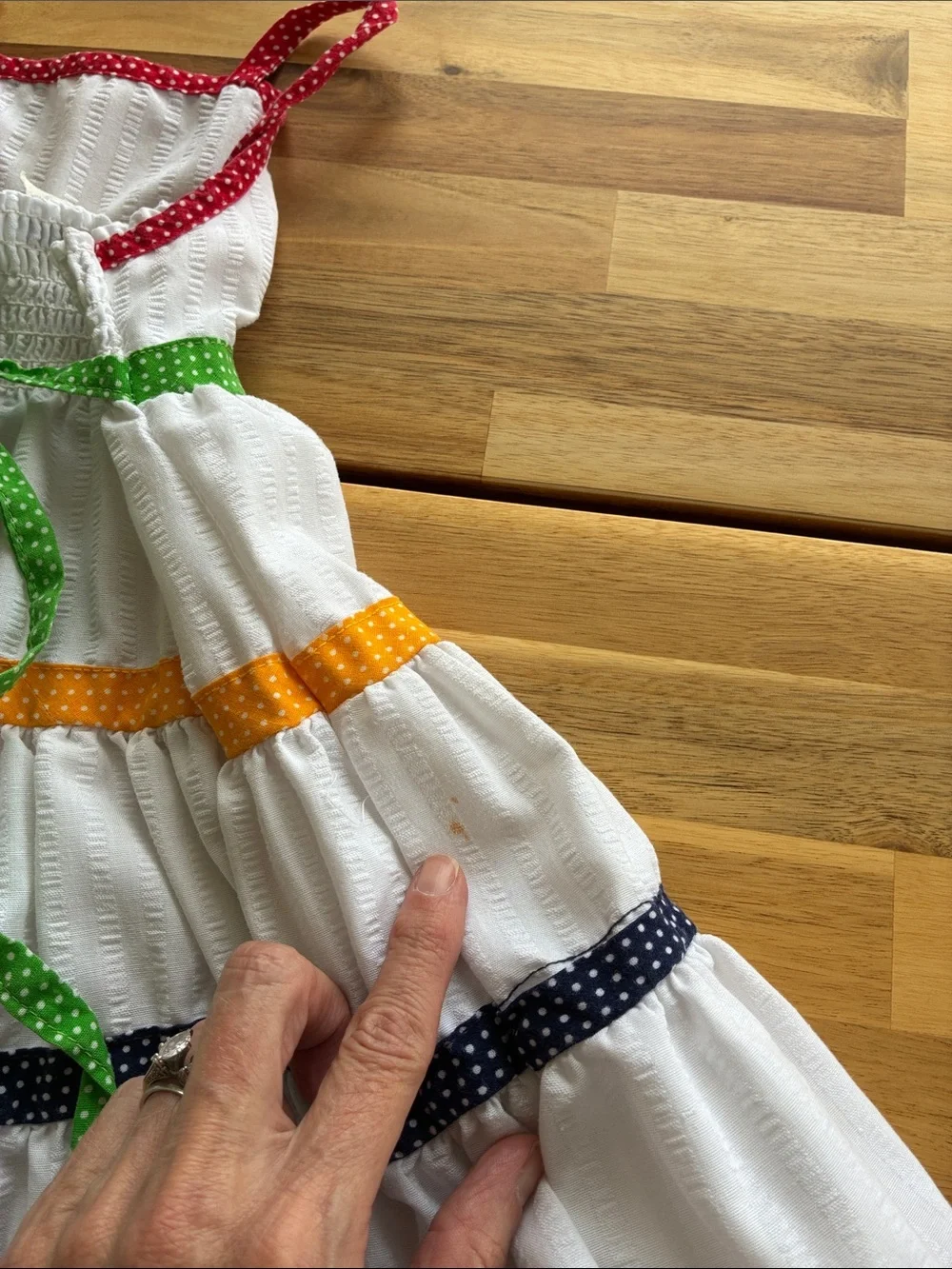 Vintage 70s/80s Union Tag Youngland White Rainbow Polka Dot Tiered Sundress 5
