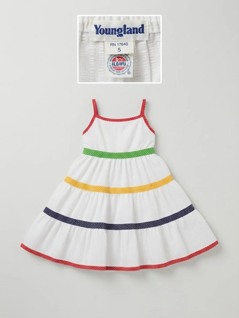 Vintage 70s/80s Union Tag Youngland White Rainbow Polka Dot Tiered Sundress 5