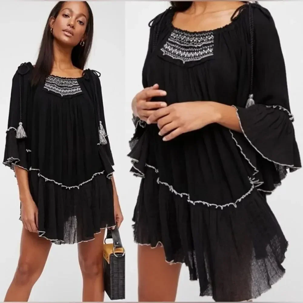 Free People Black Santiago Embroidered Floral Cotton Mini Dress Size S