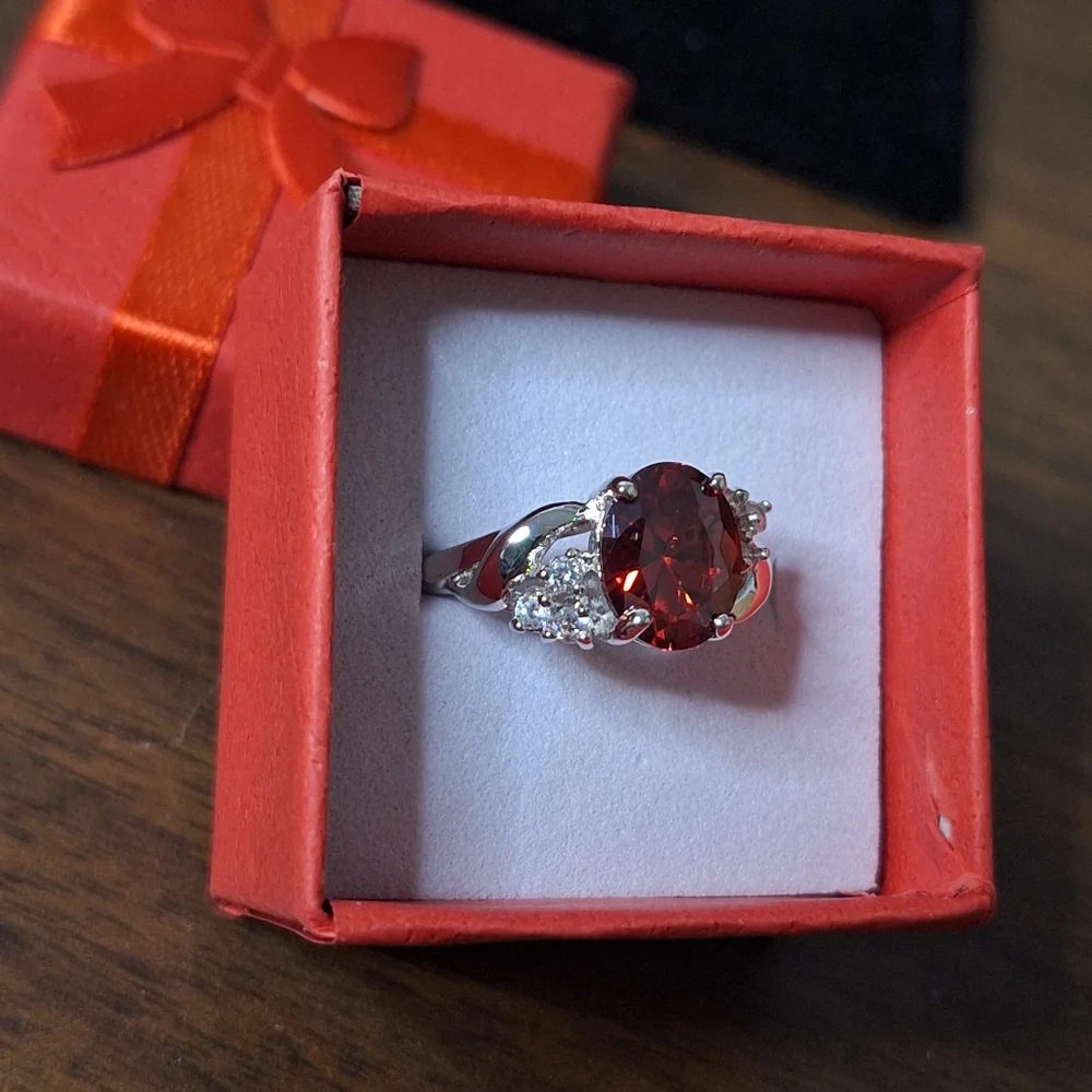 Red Swarovski Crystal Oval Statement Ring Silver Tone