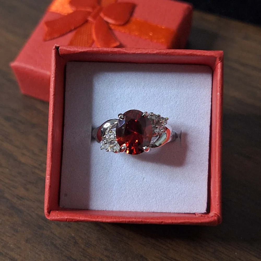 Red Swarovski Crystal Oval Statement Ring Silver Tone