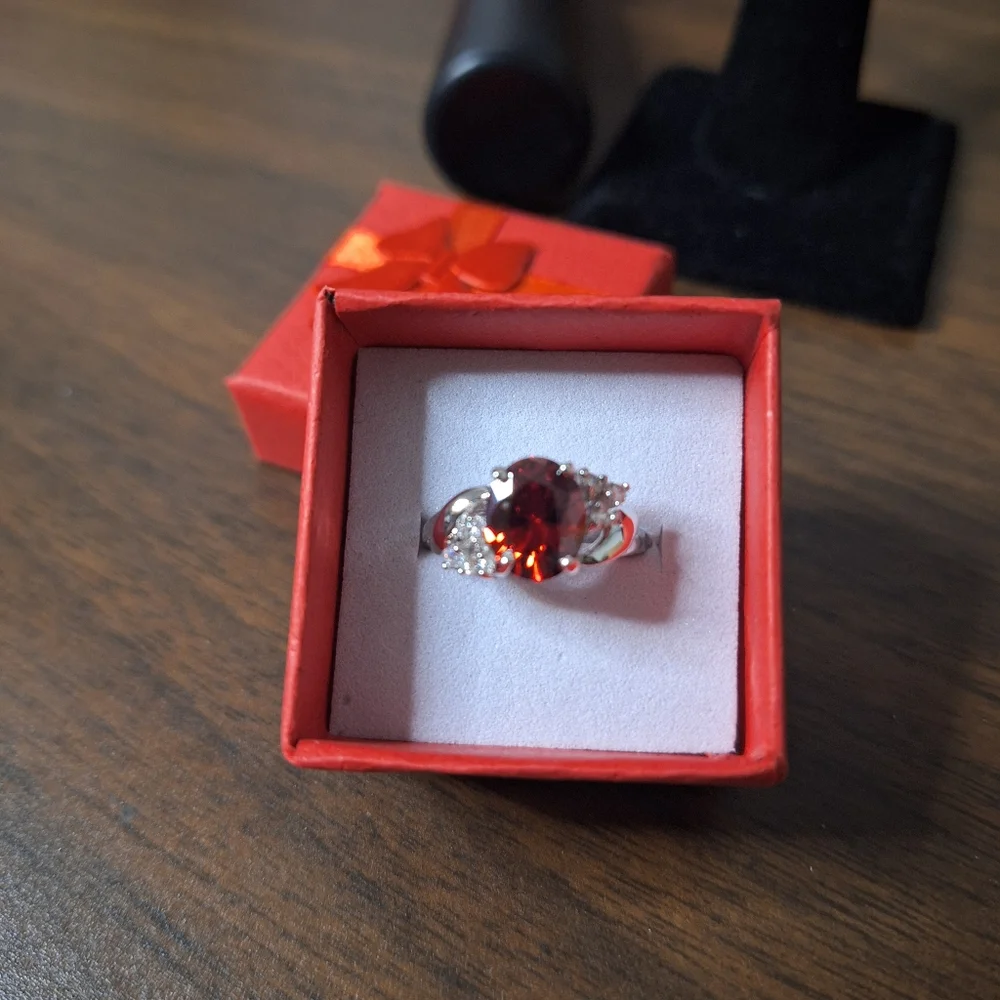 Red Swarovski Crystal Oval Statement Ring Silver Tone
