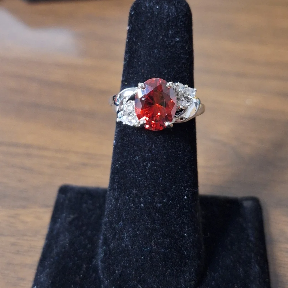 Red Swarovski Crystal Oval Statement Ring Silver Tone