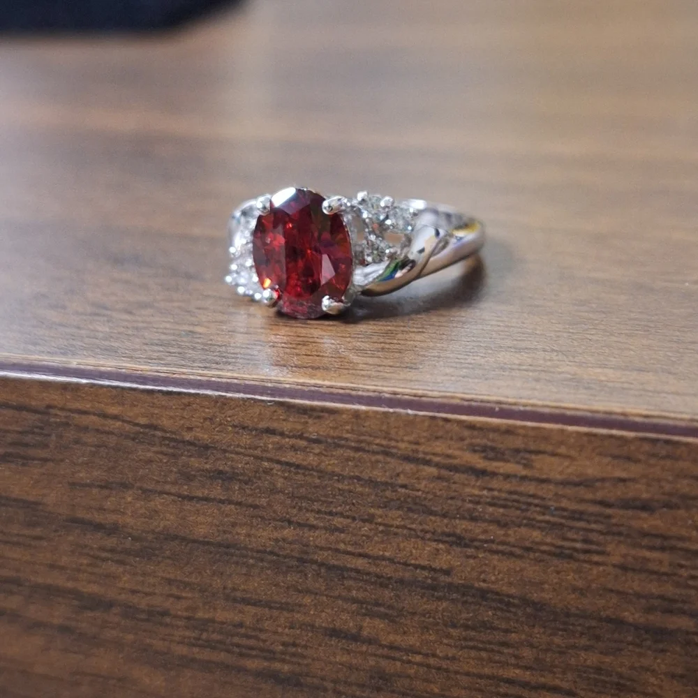 Red Swarovski Crystal Oval Statement Ring Silver Tone