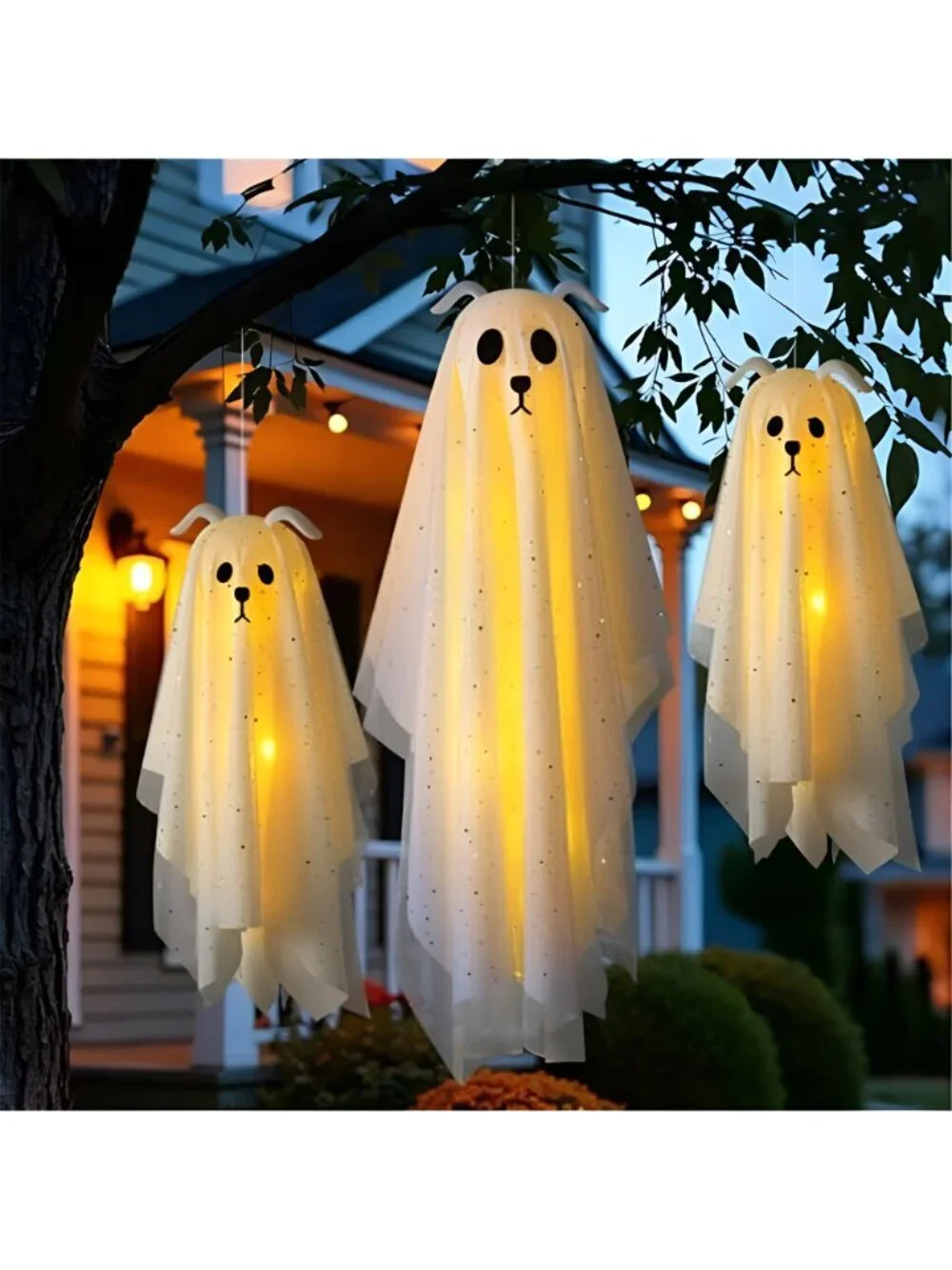 Halloween Decorations Outdoor, 3 Pack Lighted Dog Ghost Hanging Decor