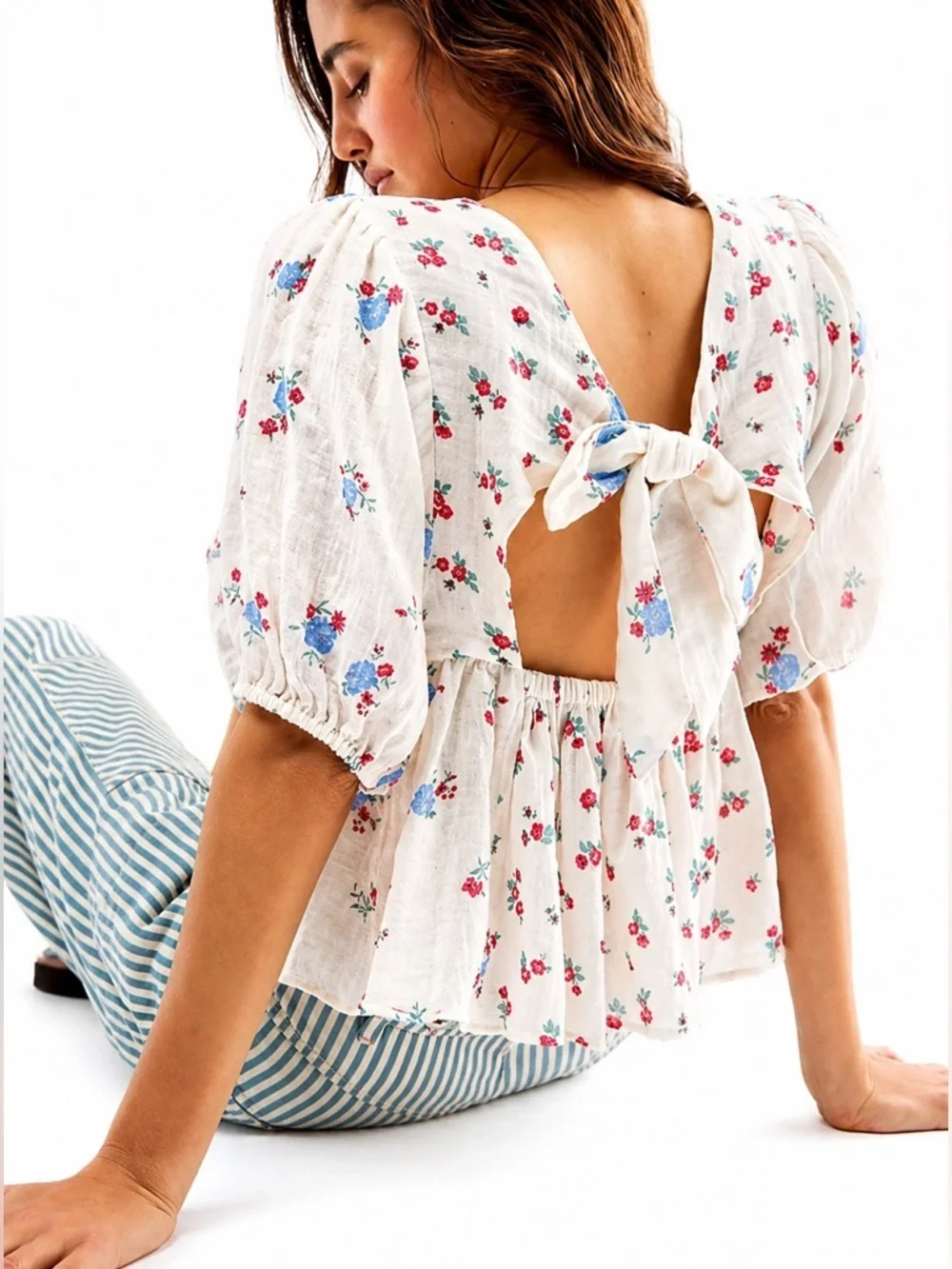 Free People Chloe Floral Tie Back Peplum Top L White OB1960043 NWT