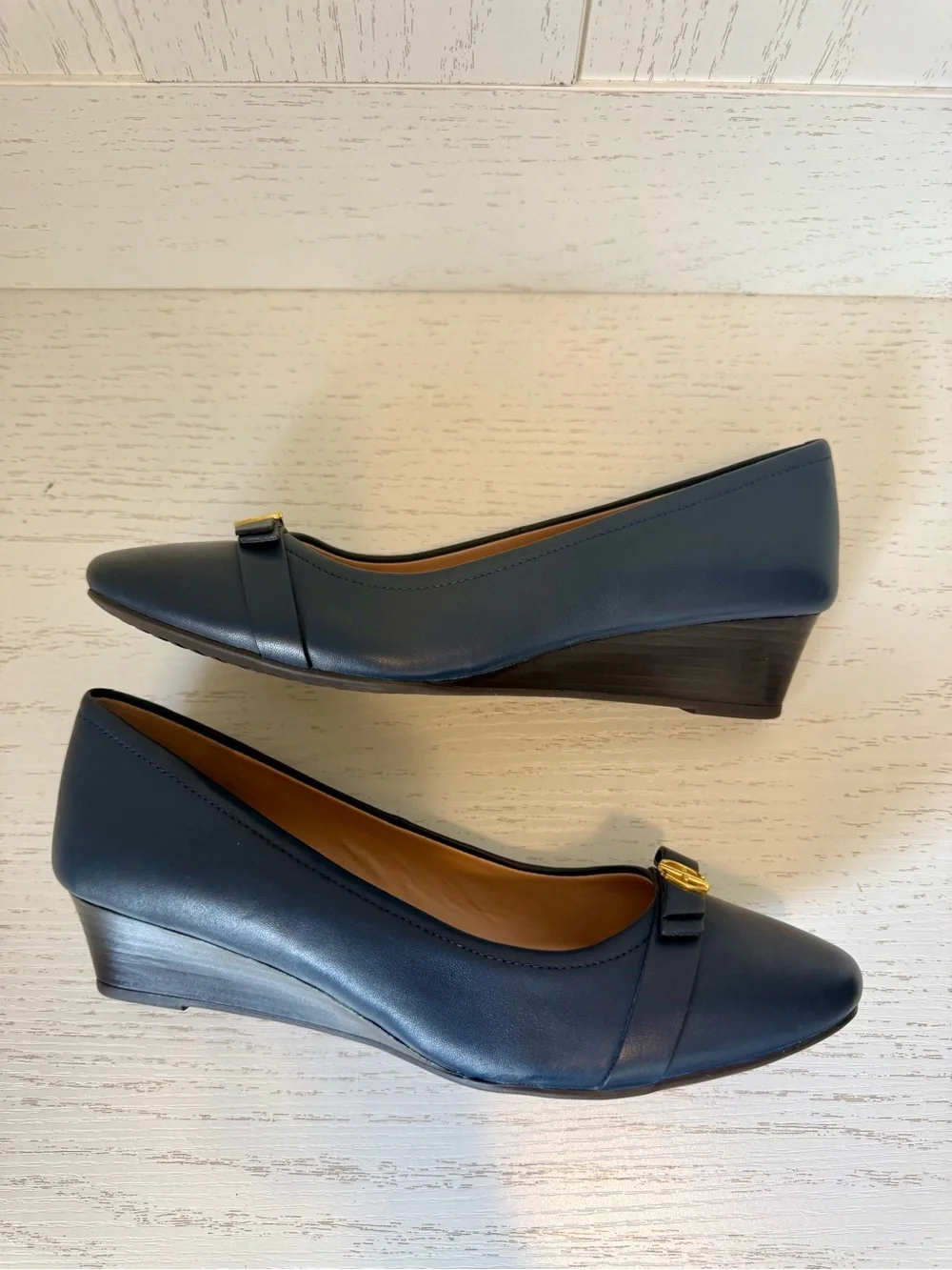 Cole Haan Navy Leather wedge pumps new without box size 8