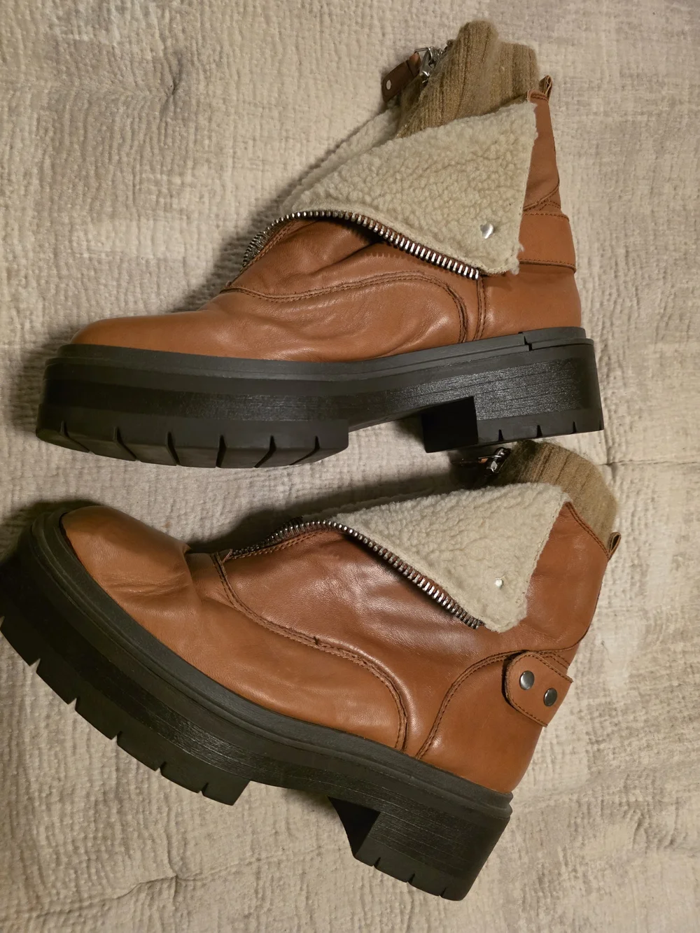 Sam Edelman Tan Leather Shearling-Trim Platform Ankle Boots