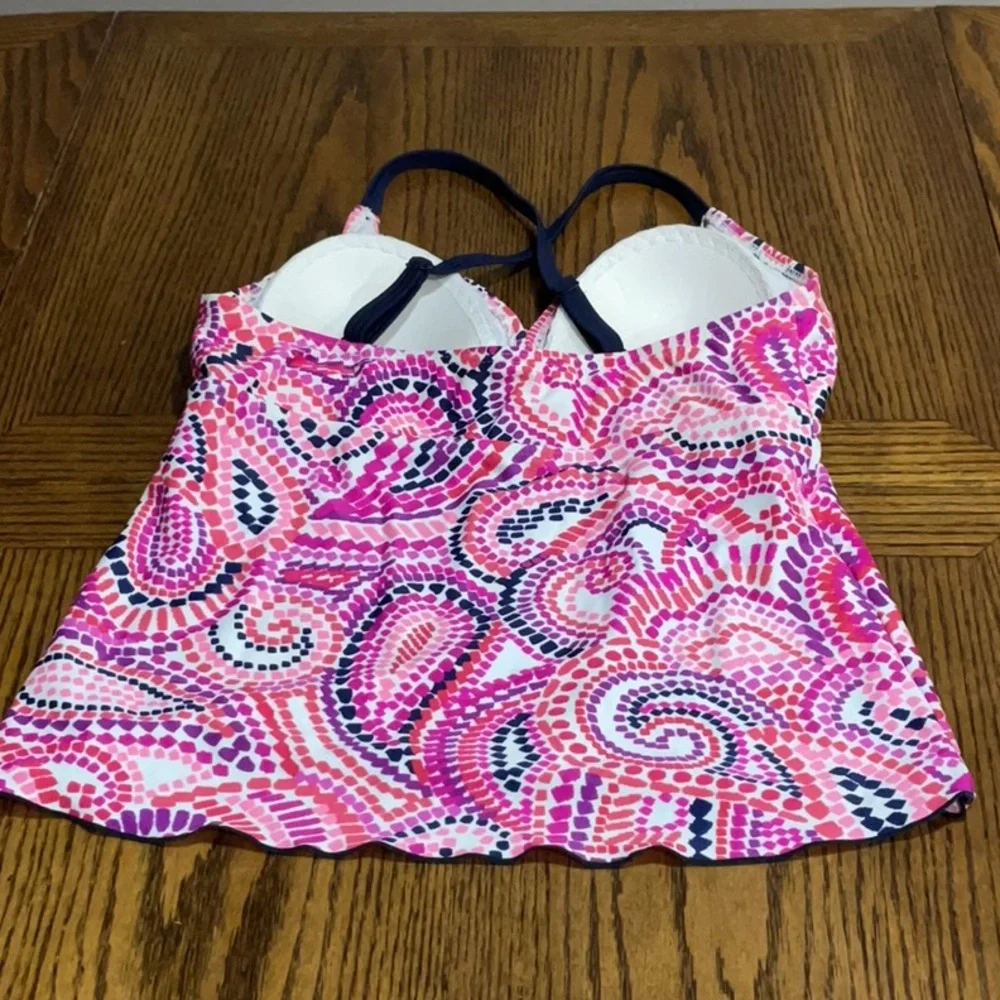 Swim bathing suit top pretty in pinks & purples with navy blue trim size 8