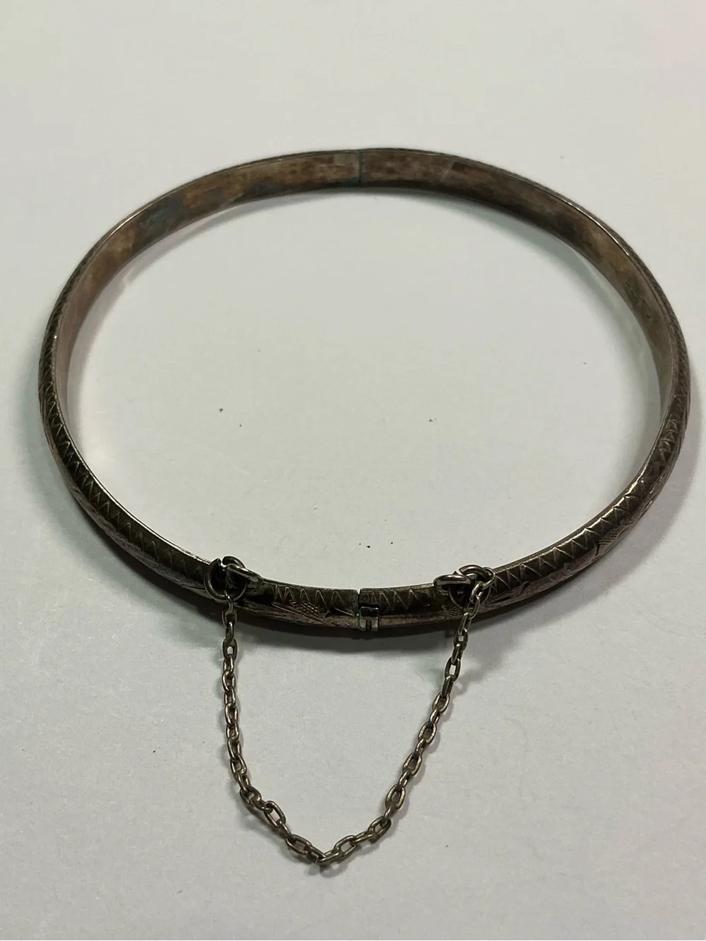 Sterling Silver Etched Design Hinged Bracelet. 2 & 3/8 inch diameter
