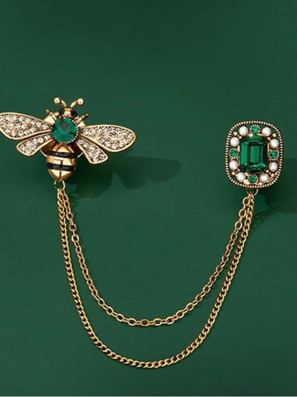 Gold Bee Chain Brooch with Emerald Green