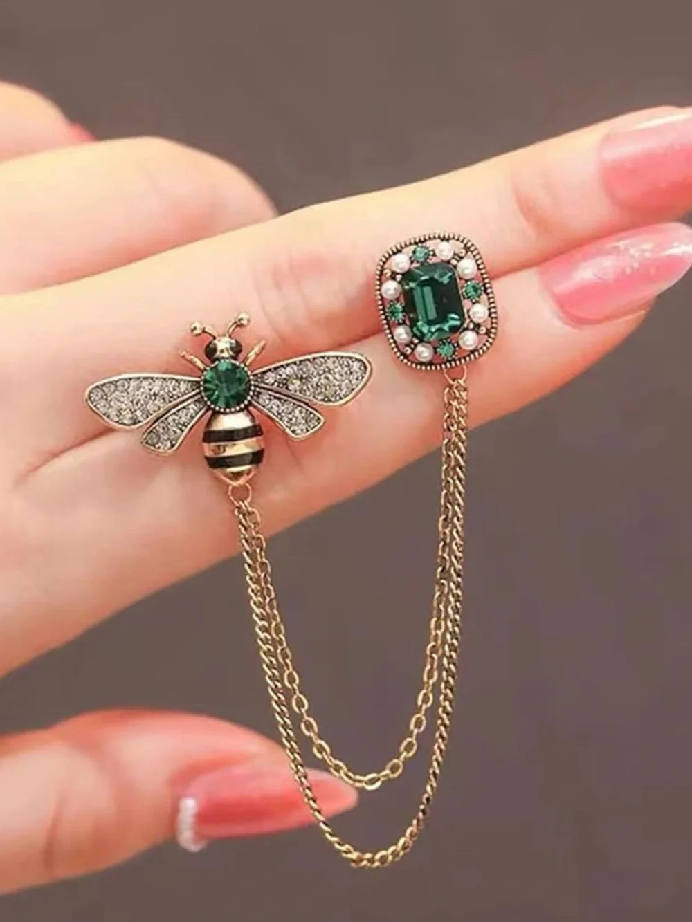 Gold Bee Chain Brooch with Emerald Green
