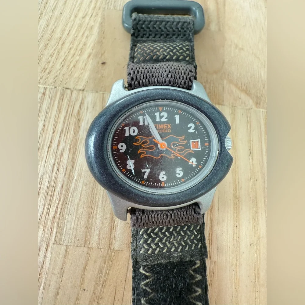 Timex black gray with orange flames nylon strap watch NEW BATTERY