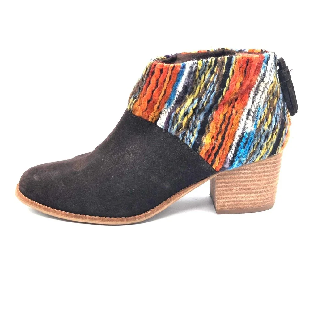 TOMS Leila Brown Suede Woven Ankle Booties Multicolor Boho Tassel Womens Size 10
