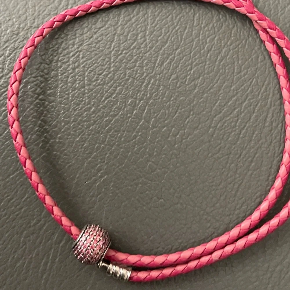 PANDORA Pink leather and Crystal pave ball charm set