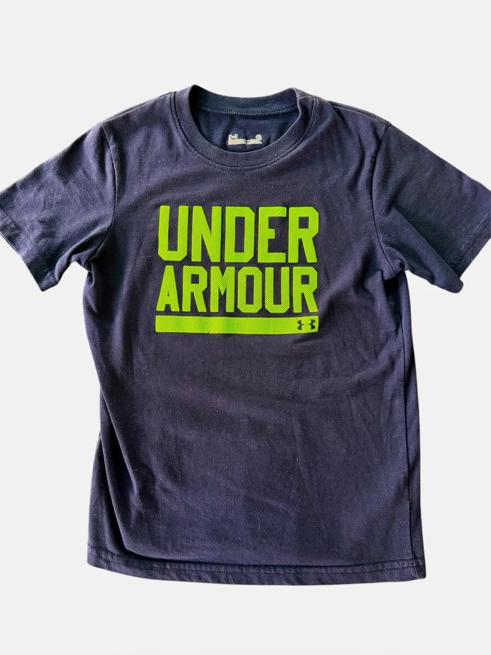 UNDER ARMOUR Heat Gear Navy Tee w Bright Lime Logo - Short Sleeve Boys Size 6