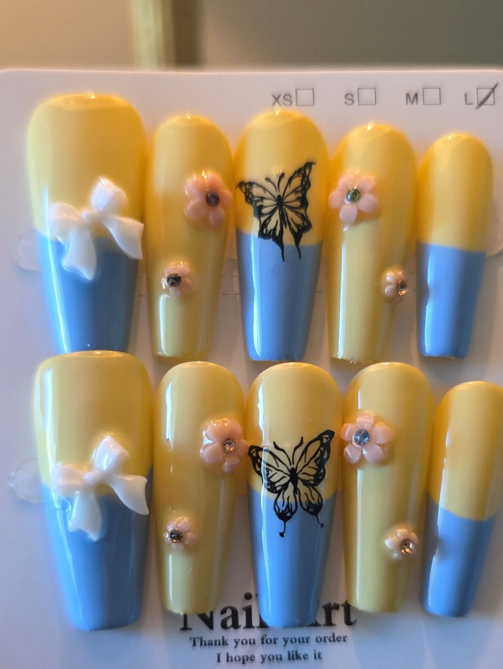 Yellow & Blue Nail Art Set with Butterfly and Flower Accents Size Large