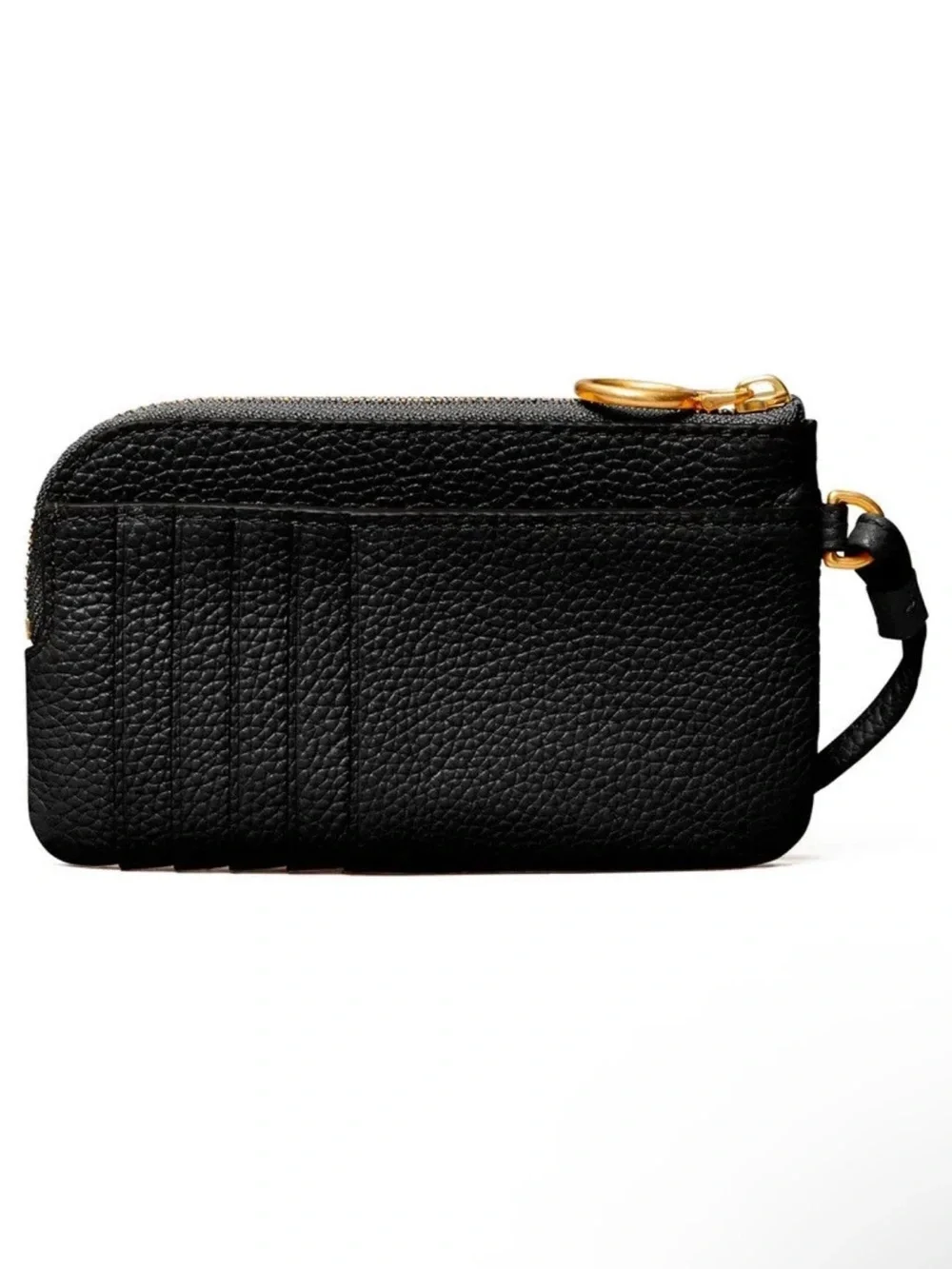 Tory Burch Perry Bombe Top-Zip Card Case in black pebbled leather used