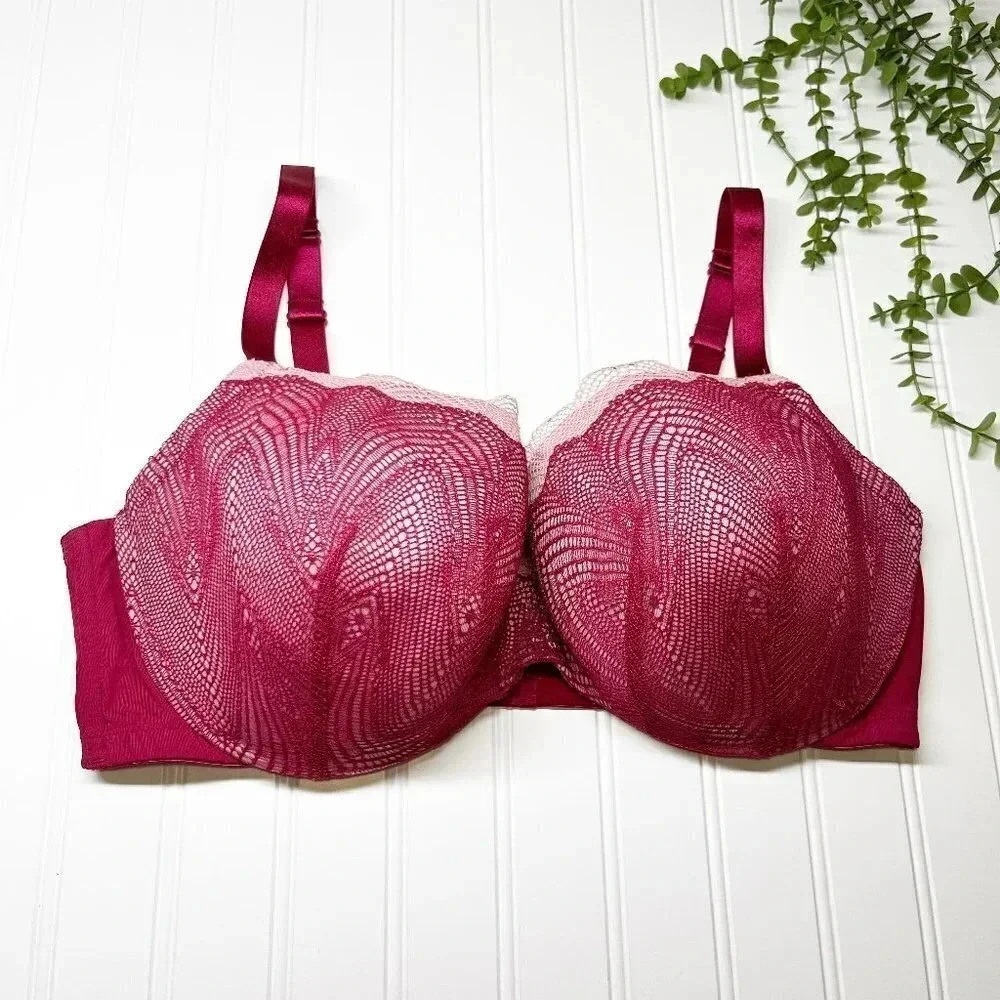 Cacique - Lane Bryant Wine & Pink Lace Lightly Lined Balconette Bra Size 42DDD