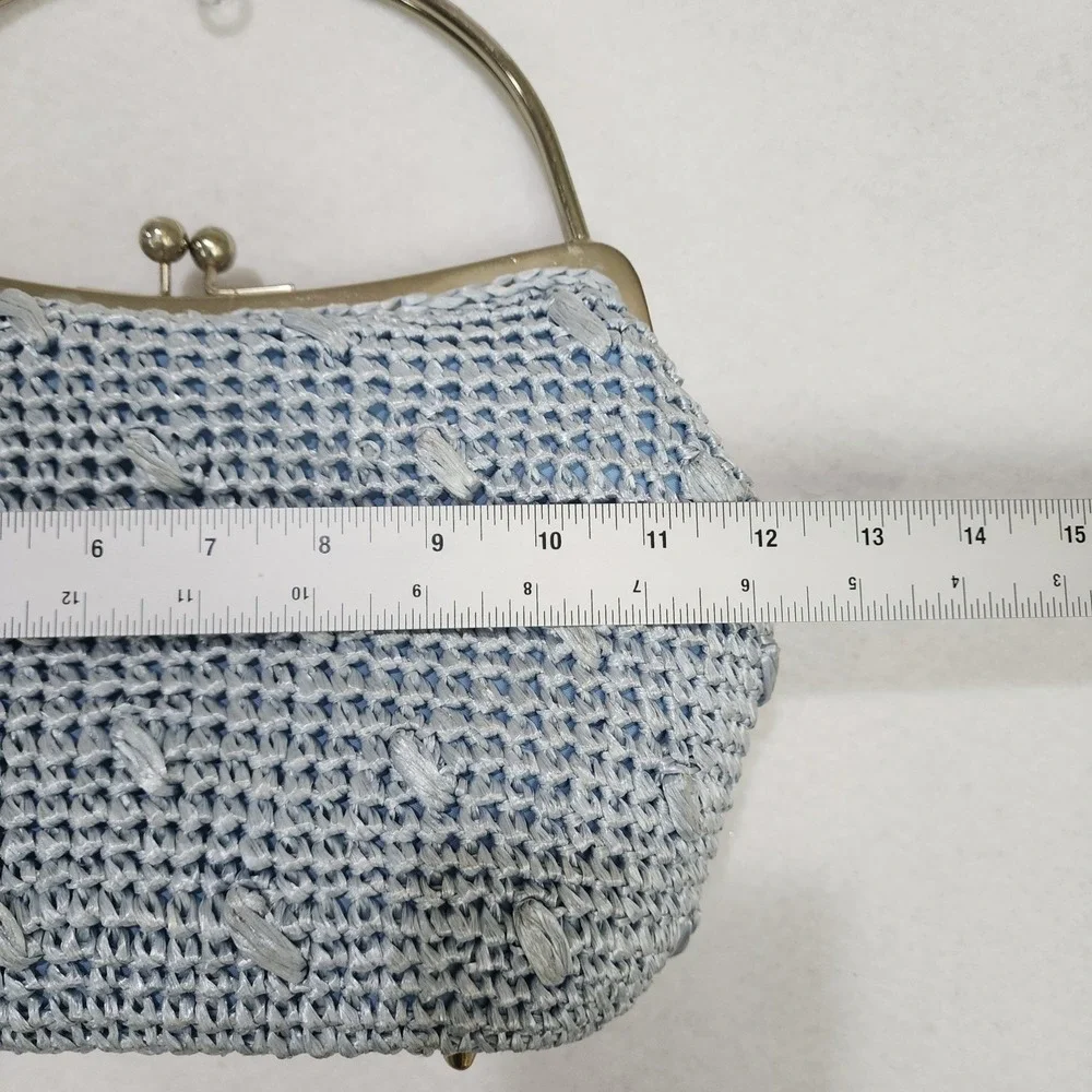 Vintage Gaymode Raffia Clutch Purse Womens Blue Woven Kiss Lock Inner Pocket