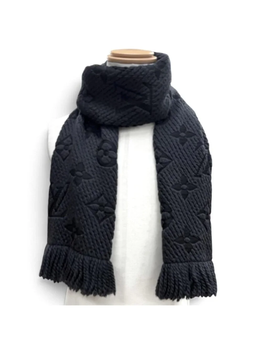 Louis Vuitton Logomania Scarf Wool Silk Anthracite Monogram with Fringe