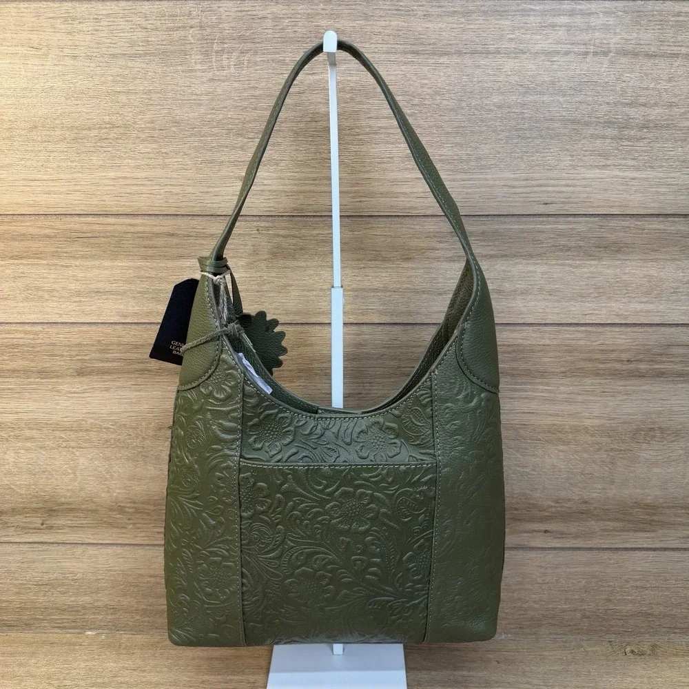 Genuine Tooled Leather Floral Shoulder Bag Hobo Dark Green Charm India Brooklyn