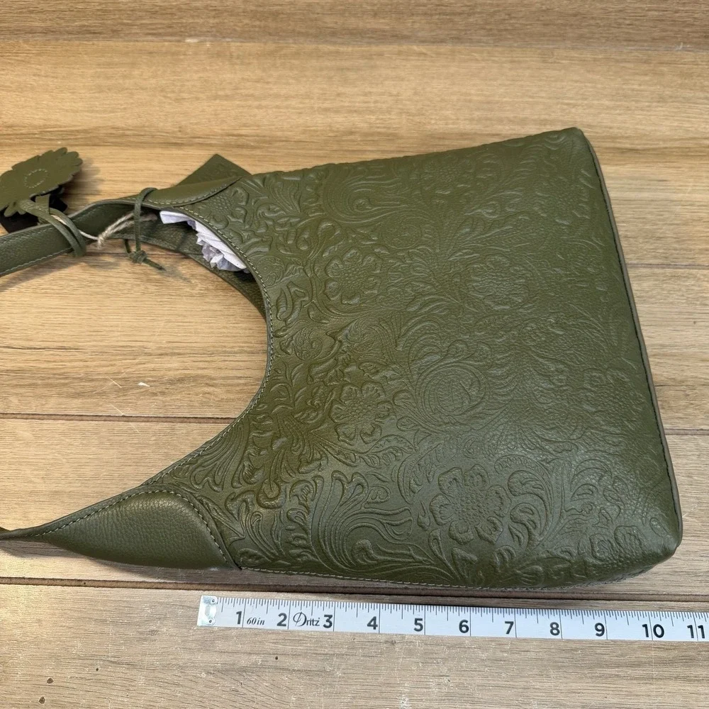 Genuine Tooled Leather Floral Shoulder Bag Hobo Dark Green Charm India Brooklyn