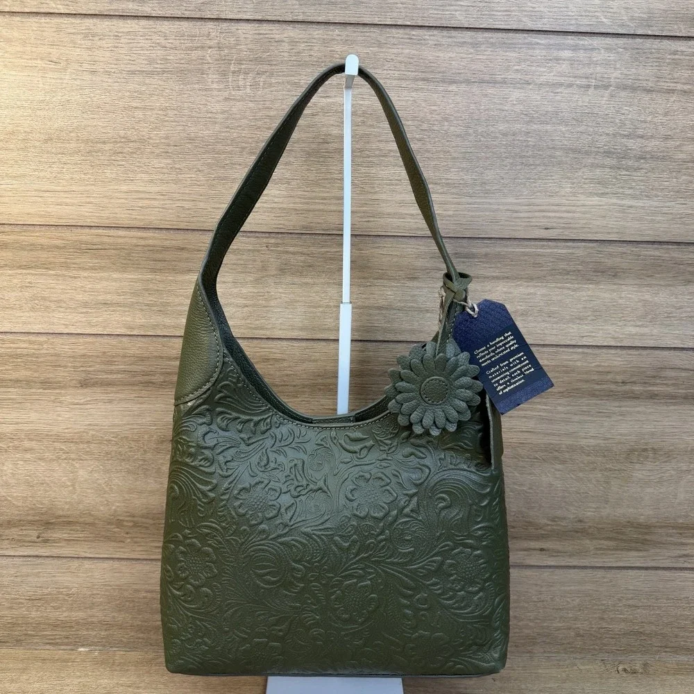 Genuine Tooled Leather Floral Shoulder Bag Hobo Dark Green Charm India Brooklyn